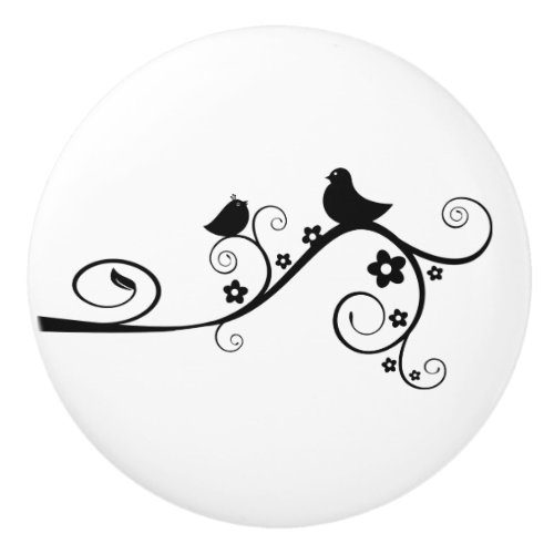 Black and White Bird on Branch Whimsical Ceramic Knob