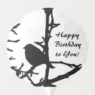 Black and White Bird on Tree Birthday Balloon