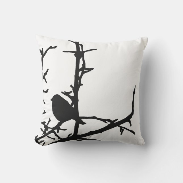 Black and White Bird on Tree Branch Outdoor Pillow (Front)