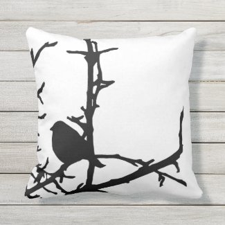 Black and White Bird on Tree Branch Outdoor Pillow
