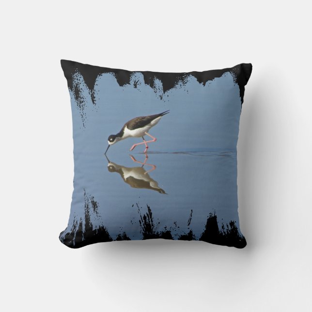 Black and White Bird Photo Blue Water Artistic Throw Pillow (Front)