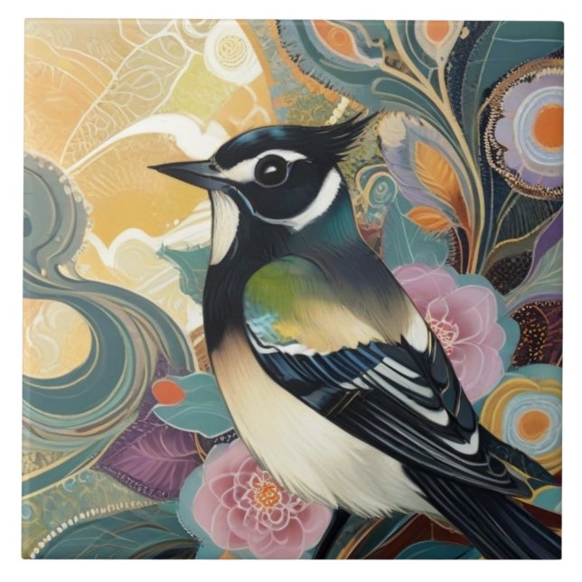 Black and White Bird Stylish Flowers Floral Ceramic Tile (Front)