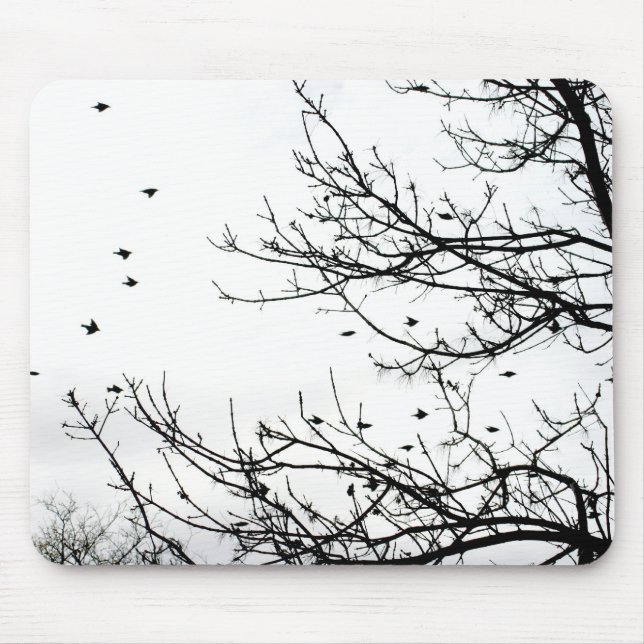 Black and White Birds Flying Off Trees Mousepad (Front)