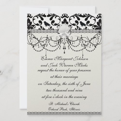 black and white birds intricate damask pattern invite