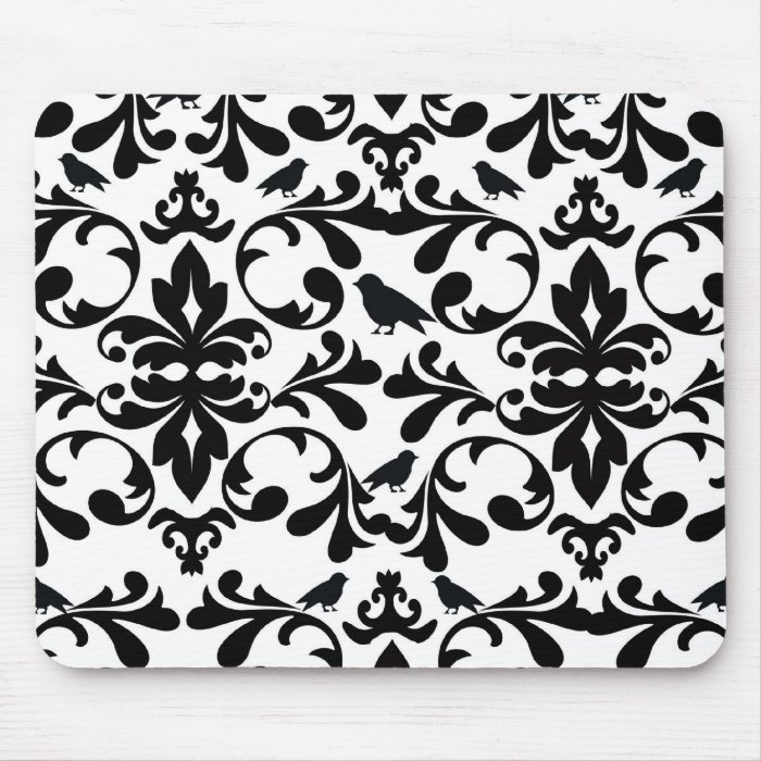 black and white birds intricate damask pattern mouse pad