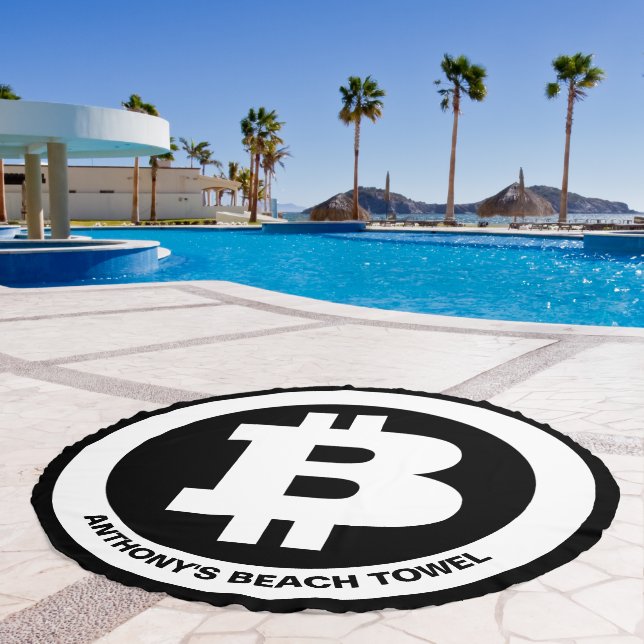 Black and White Bitcoin Symbol Custom Message  Beach Towel (Pool)