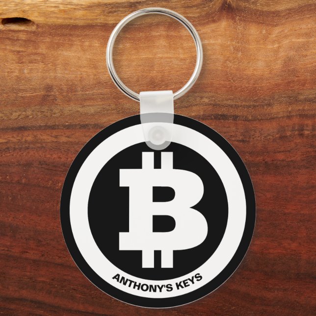 Black and White Bitcoin Symbol Custom Message Keychain (Front)