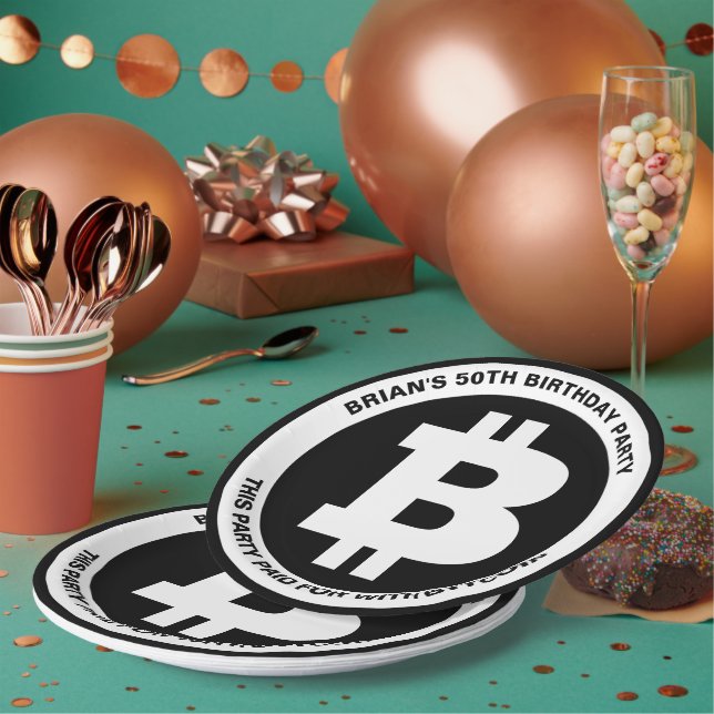 Black and White Bitcoin Symbol Custom Message Paper Plates (Multi)