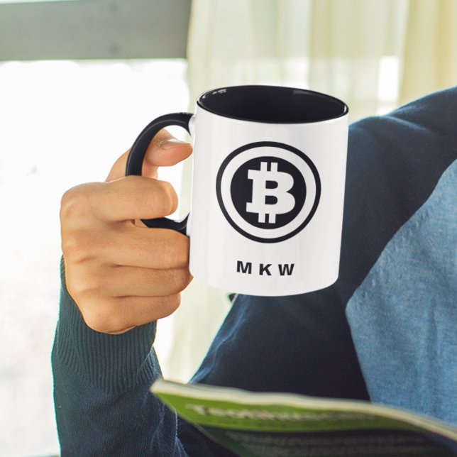 Black and White Bitcoin Symbol Logo Monogrammed Mug (Creator Uploaded)
