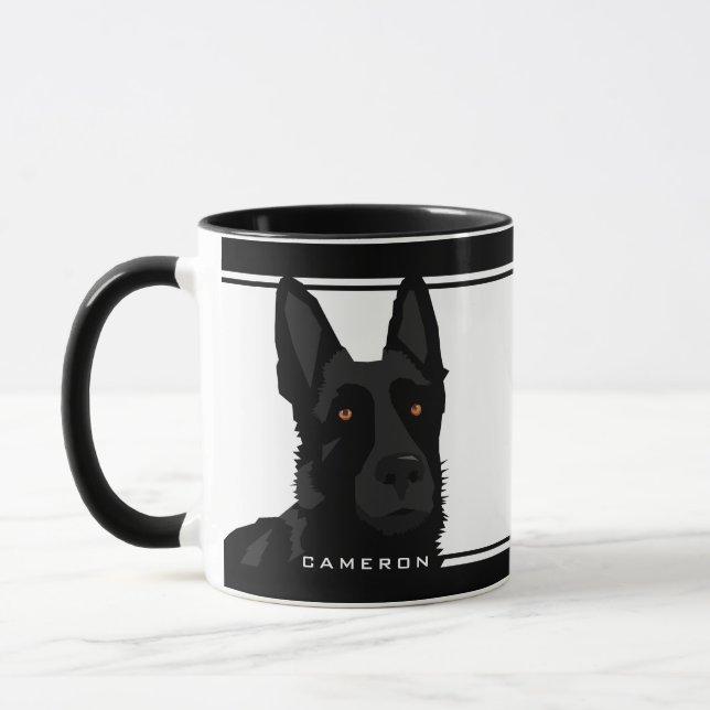 Black And White Black German Shepherd Custom Name Mug (Left)