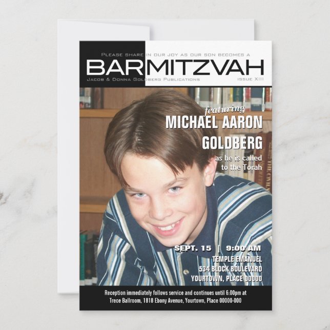 Black and White Block Bar Mitzvah Magazine Invitation (Front)