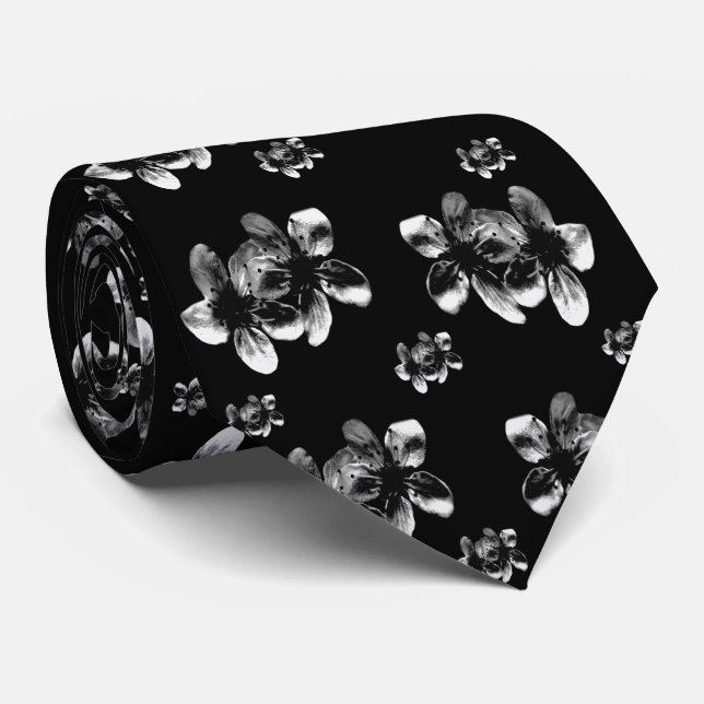 Black And White Blossom Pattern, Neck Tie (Rolled)