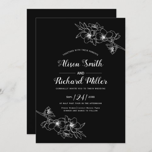 Black and white blossoms floral line art wedding invitation