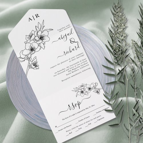 Black and white blossoms line art wedding all in o all in one invitation
