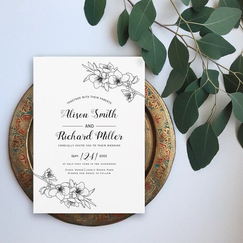 Black and white blossoms line art wedding invitation