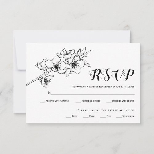 Black and white blossoms line art wedding  RSVP card