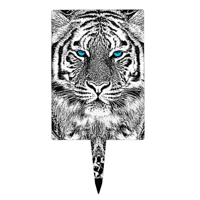 Black And White Blue Eyes Tiger design Cake Topper (Front)