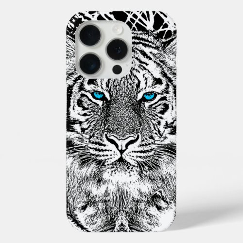 Black And White Blue Eyes Tiger design iPhone 15 Pro Case