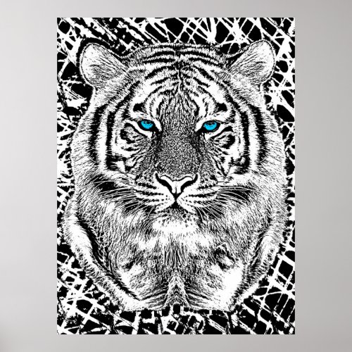 Black And White Blue Eyes Tiger design Poster