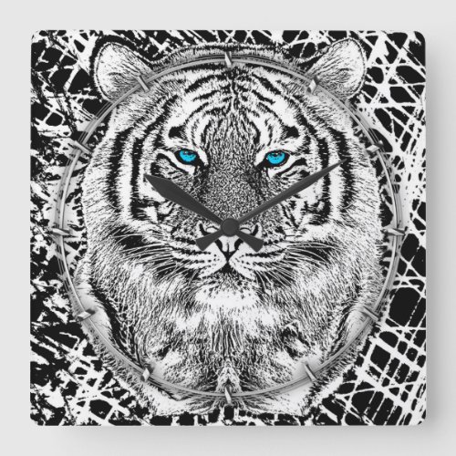 Black And White Blue Eyes Tiger design Square Wall Clock