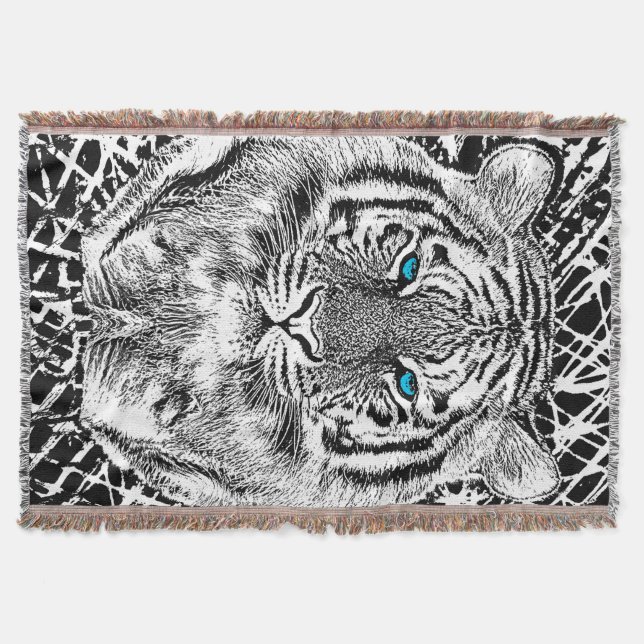 Black And White Blue Eyes Tiger design Throw Blanket (Front)