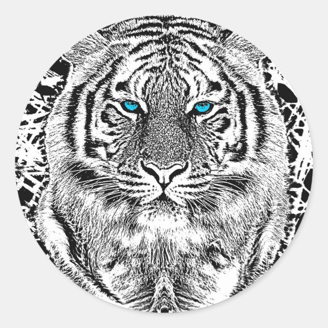 Black And White Blue Eyes Tiger Graphic Classic Round Sticker (Front)