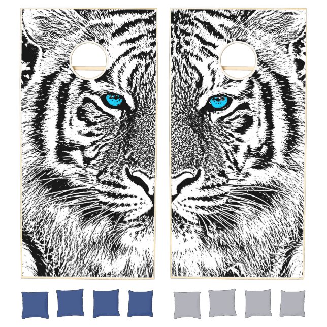 Black And White Blue Eyes Tiger Graphic Cornhole Set (Set)