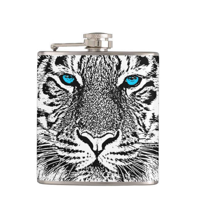 Black And White Blue Eyes Tiger Graphic Flask (Front)