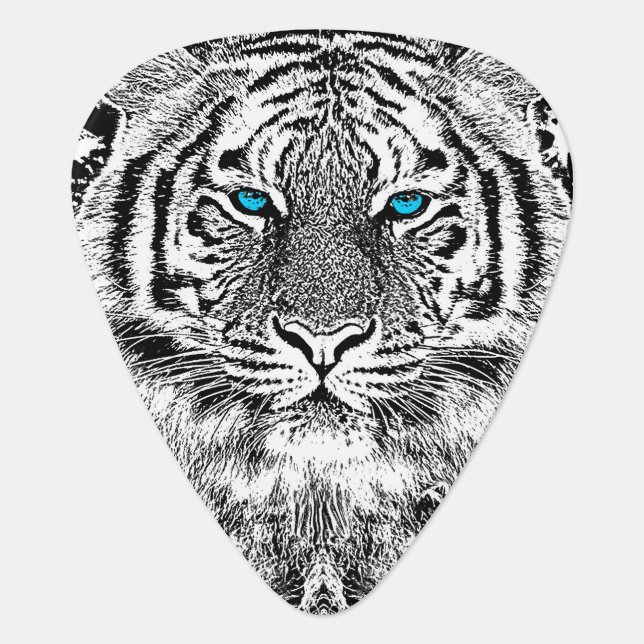 Black And White Blue Eyes Tiger Graphic Guitar Pick (Front)