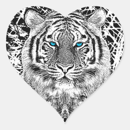 Black And White Blue Eyes Tiger Graphic Heart Sticker