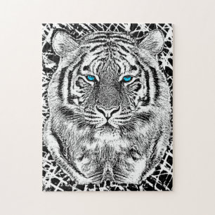 Black And White Blue Eyes Tiger Graphic Jigsaw Puzzle