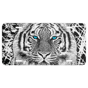 Black And White Blue Eyes Tiger Graphic License Plate