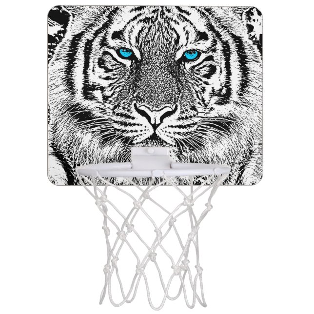 Black And White Blue Eyes Tiger Graphic Mini Basketball Hoop (Front)