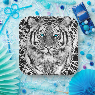 Black And White Blue Eyes Tiger Graphic Paper Plates