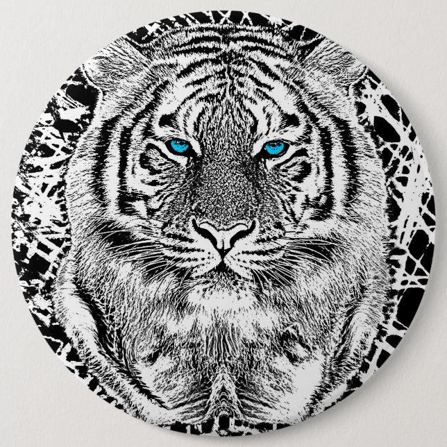 Black And White Blue Eyes Tiger Graphic Pinback Button (Front)