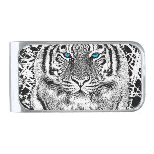 Black And White Blue Eyes Tiger Graphic Silver Finish Money Clip