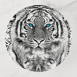 Black And White Blue Eyes Tiger Graphic Trinket Tray