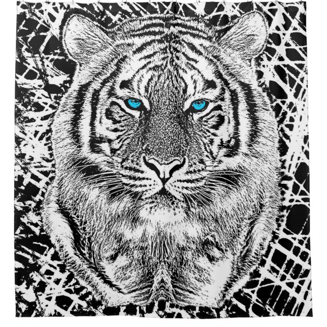 Black And White Blue Eyes Tiger Head Shower Curtain (Front)