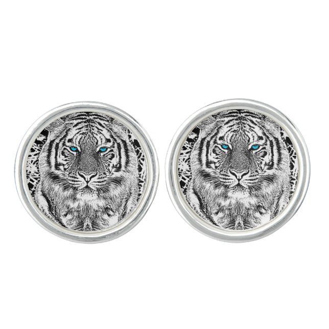 Black And White Blue Eyes Tiger stripes Cufflinks (Front)