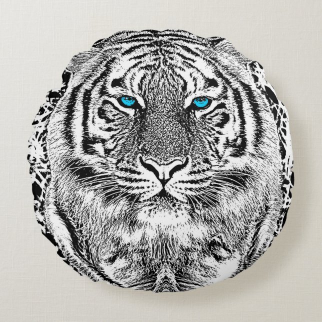 Black And White Blue Eyes Tiger stripes Round Pillow (Front)