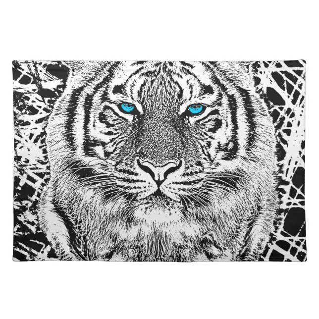 Black And White Blue Eyes wild Tiger face Placemat (Front)