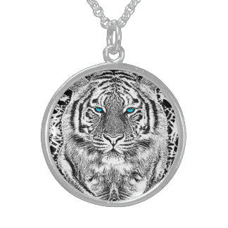 Black And White Blue Eyes wild Tiger face Sterling Silver Necklace