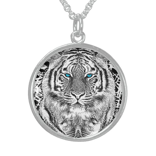 Black And White Blue Eyes wild Tiger face Sterling Silver Necklace (Front)