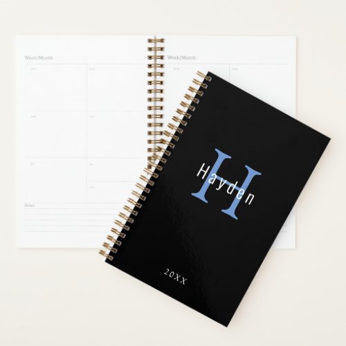 Black and White Blue Monogram Add Your Name  Year Planner