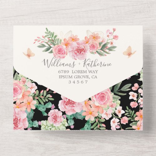 Black and white Blush Pink  Peach Flowers Wedding All In One Invitation
