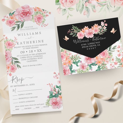 Black and white Blush Pink  Peach Flowers Wedding All In One Invitation