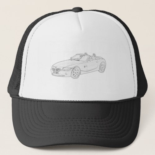 Black and White BMW Z4 Convertible Pencil Drawing Trucker Hat