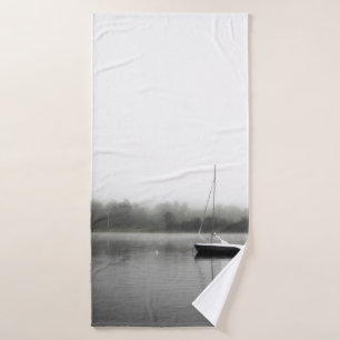 BLACK AND WHITE BOAT ON LAKE BATH TOWEL