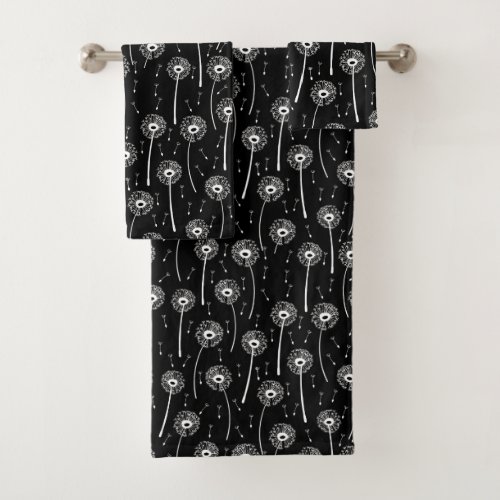 Black and white bohemian dandelions pattern bath towel set