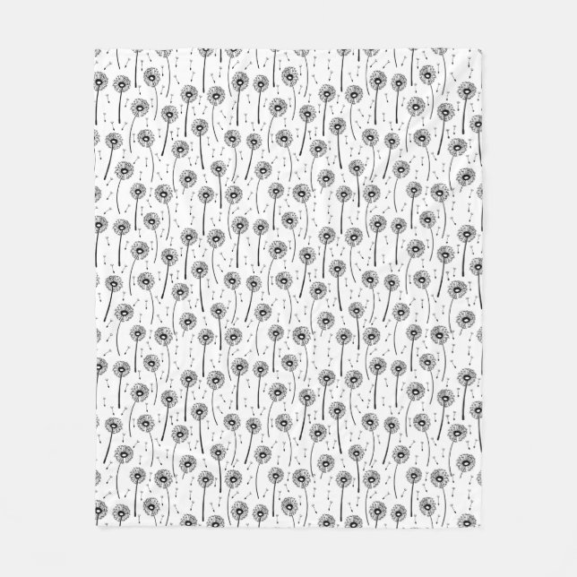 Black and white bohemian dandelions pattern fleece blanket (Front)